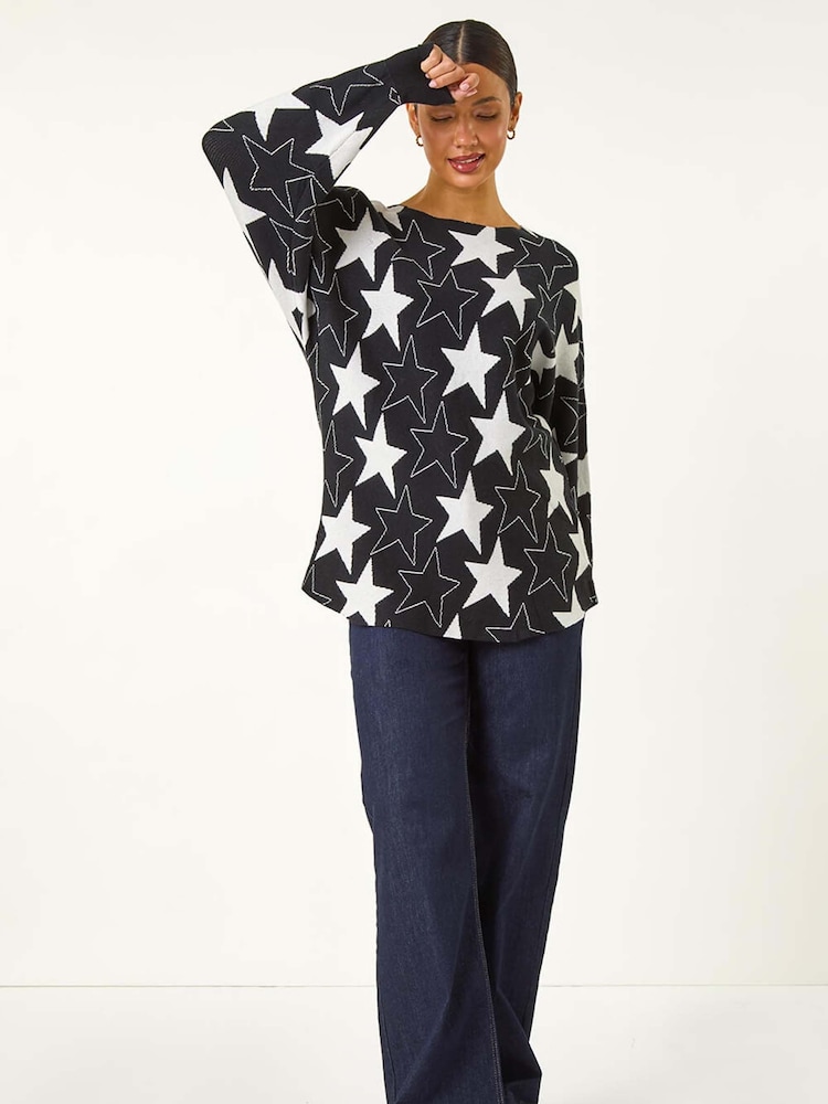 Czarny - Roman Star Print Long Sleeve Knit Jumper - Image 6 of 6