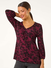 Roman Red Floral Pleat Front Top - Image 3 of 5