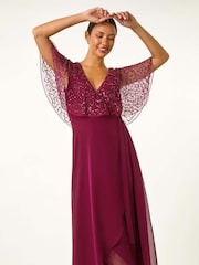 Roman Red Sequin Embellished Maxi Wrap Dress - Image 2 of 5