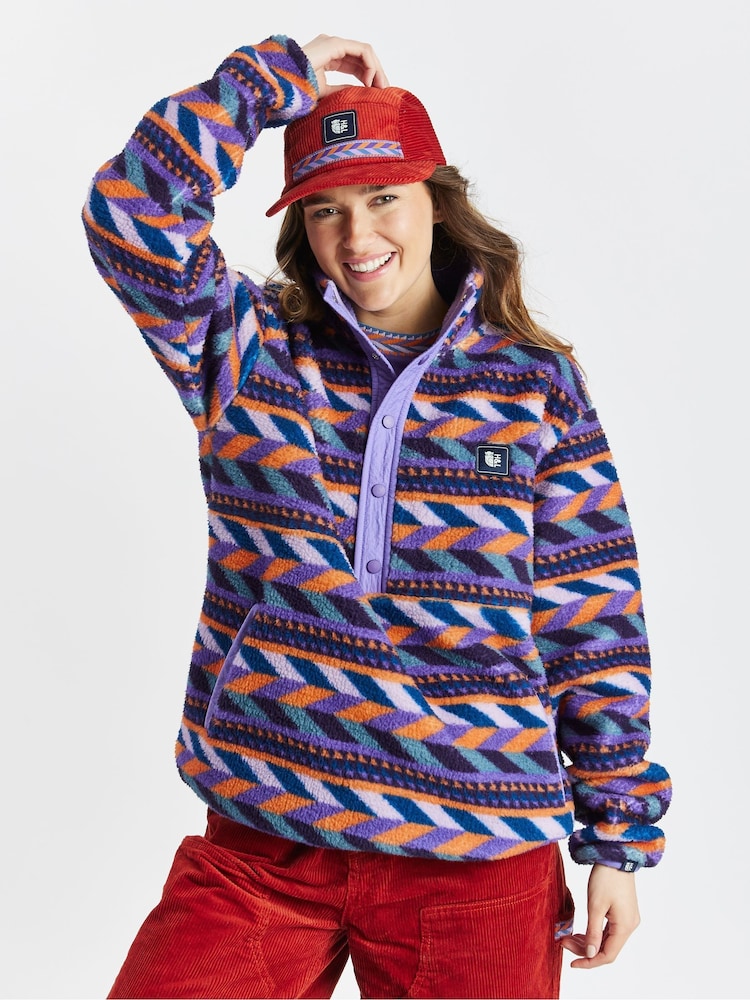 Harper & Lewis Purple Charlie Retro Pattern Popper Neck Sherpa Fleece - Image 1 of 7