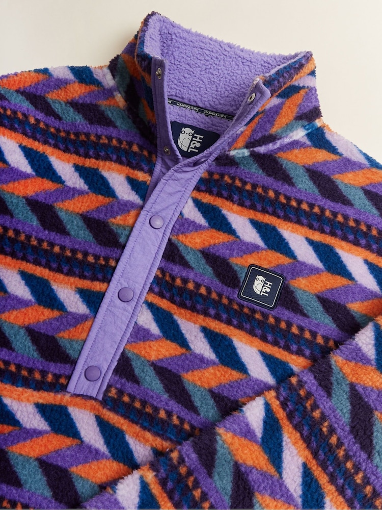 Harper & Lewis Purple Charlie Retro Pattern Popper Neck Sherpa Fleece - Image 7 of 7