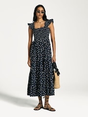 Rixo Blue Kendall Polka Dot Tiered Midi Dress - Image 1 of 6