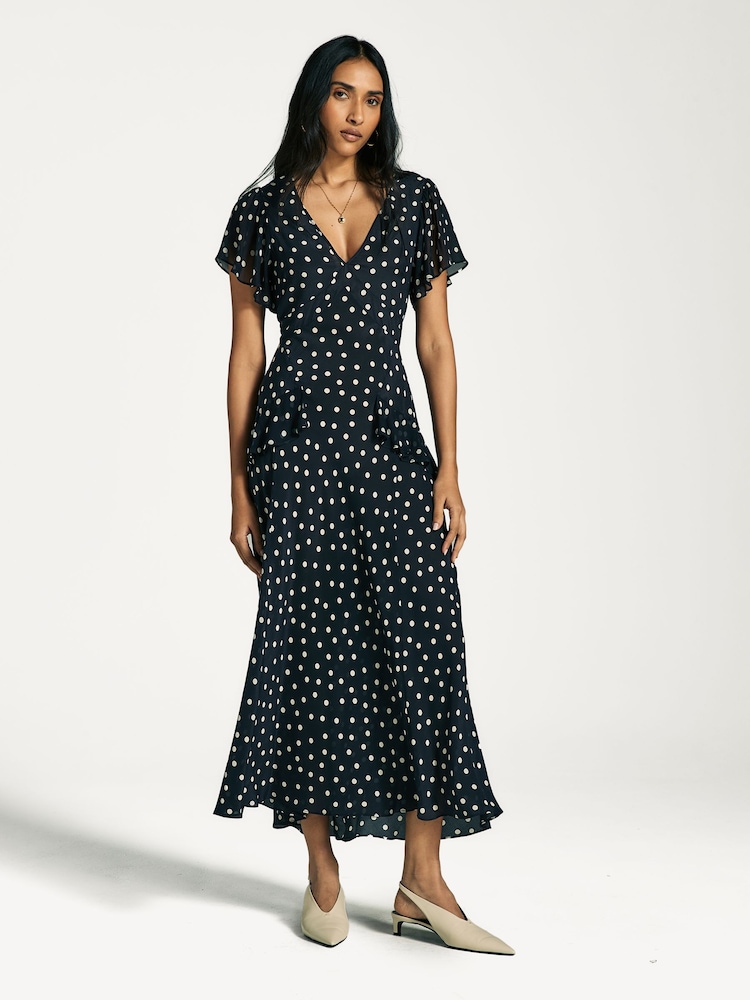 Rixo Blue Kendall Polka Dot Tiered Midi Dress - Image 1 of 4
