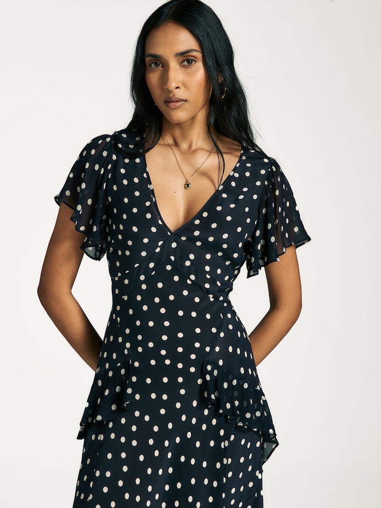 Rixo Blue Kendall Polka Dot Tiered Midi Dress - Image 4 of 4