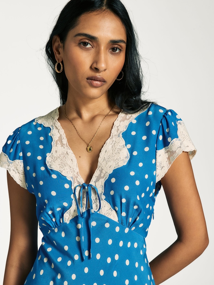 Rixo Blue Amari Polka Dot Midi Dress | Seasons Rixo Blue Amari Polka Dot Midi Dress | Seasons