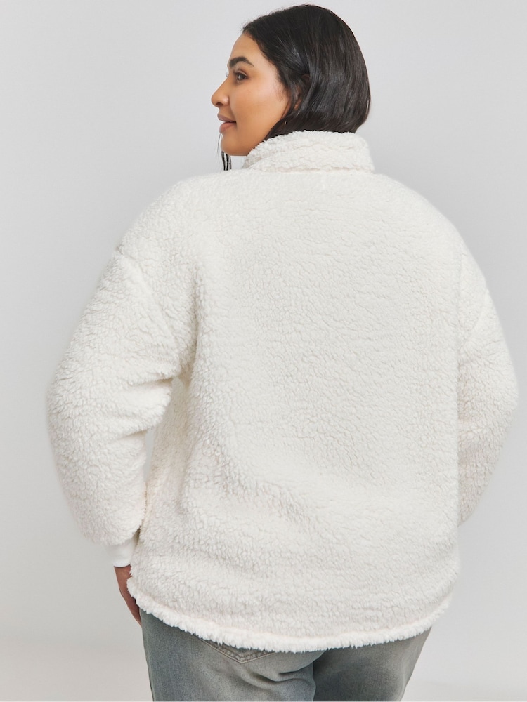 Simply Be Cream Sherpa Zip Through Bomber Jacket With Nylon Pocket - Image 2 of 4