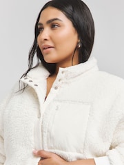 Simply Be Cream Sherpa Zip Through Bomber Jacket With Nylon Pocket - Image 3 of 4