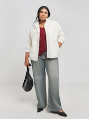 Simply Be Cream Sherpa Zip Through Bomber Jacket With Nylon Pocket - Image 4 of 4