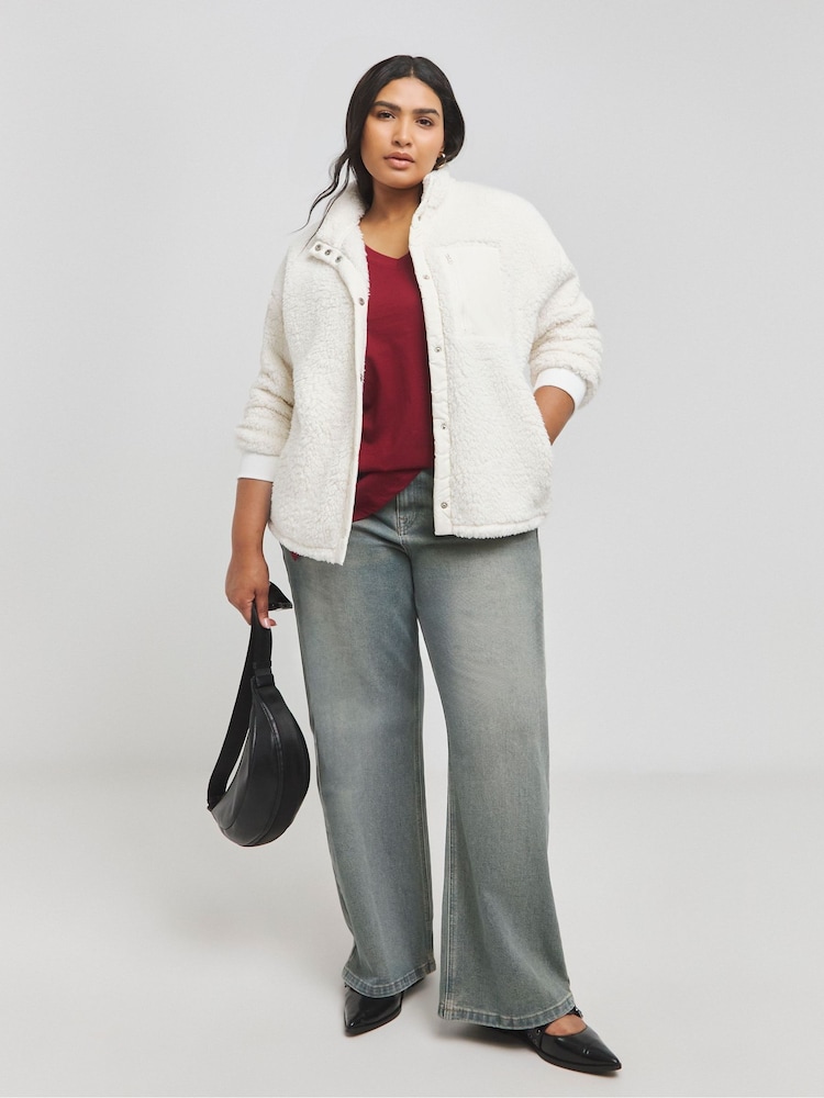 Simply Be Cream Sherpa Zip Through Bomber Jacket With Nylon Pocket - Image 4 of 4