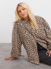 Simply Be Brown Leopard Print Blouson Sleeves 100% Cotton Blouse - Image 1 of 4