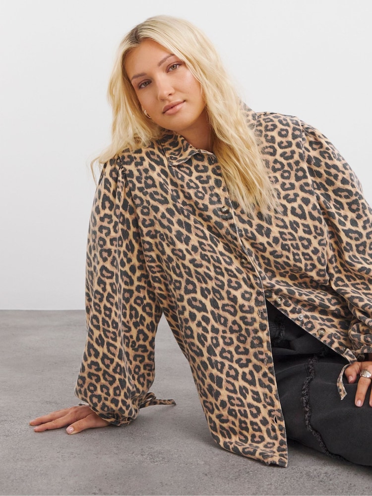 Simply Be Brown Leopard Print Blouson Sleeves 100% Cotton Blouse - Image 1 of 4