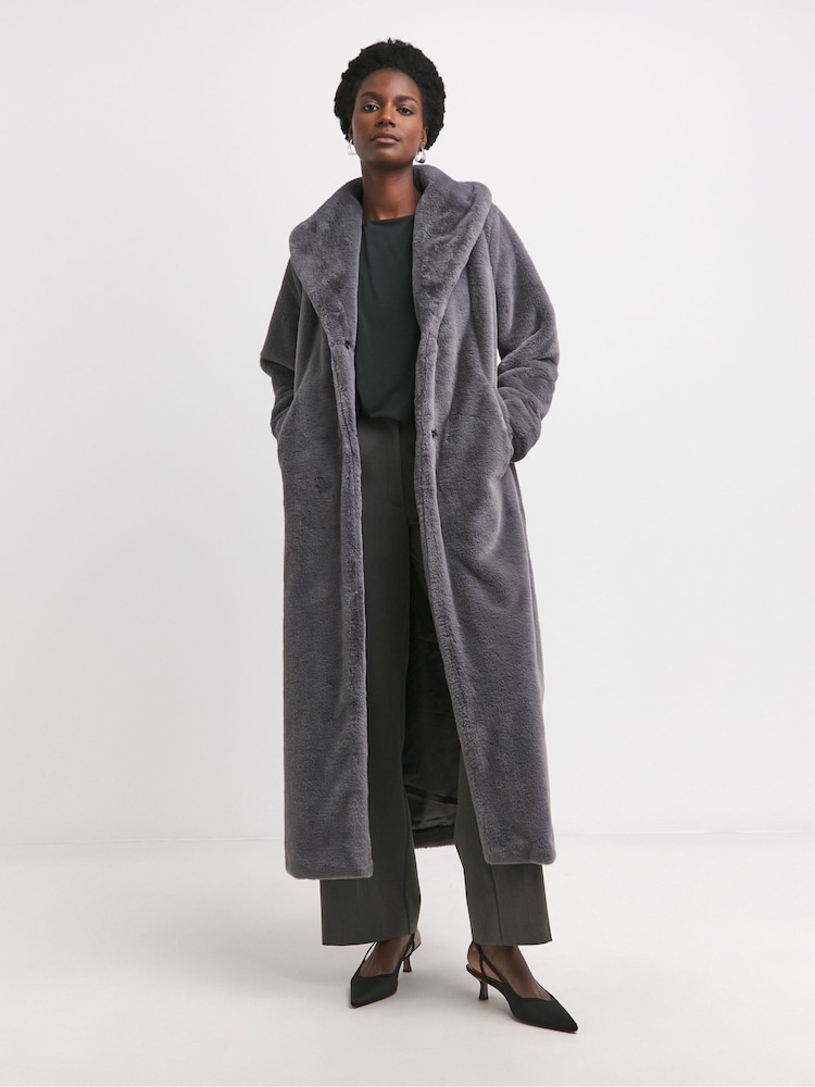 JD Williams Grey Longline Faux Fur Coat - Image 1 of 4