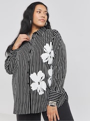 Simply Be Black Placement Print Oversized Stripe 100% Cotton Shirt - Image 1 of 4