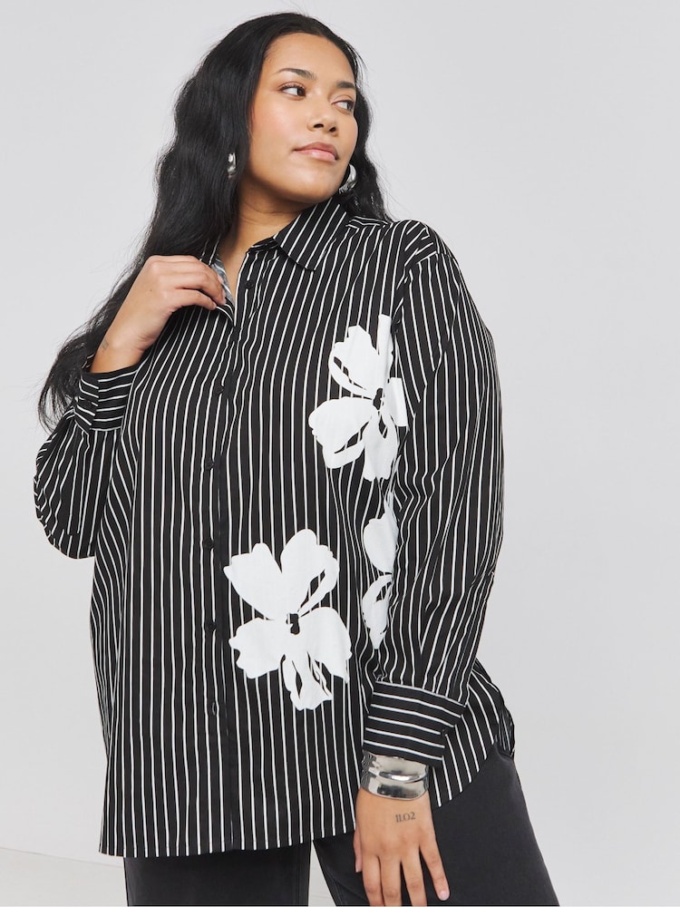 Simply Be Black Placement Print Oversized Stripe 100% Cotton Shirt - Image 1 of 4