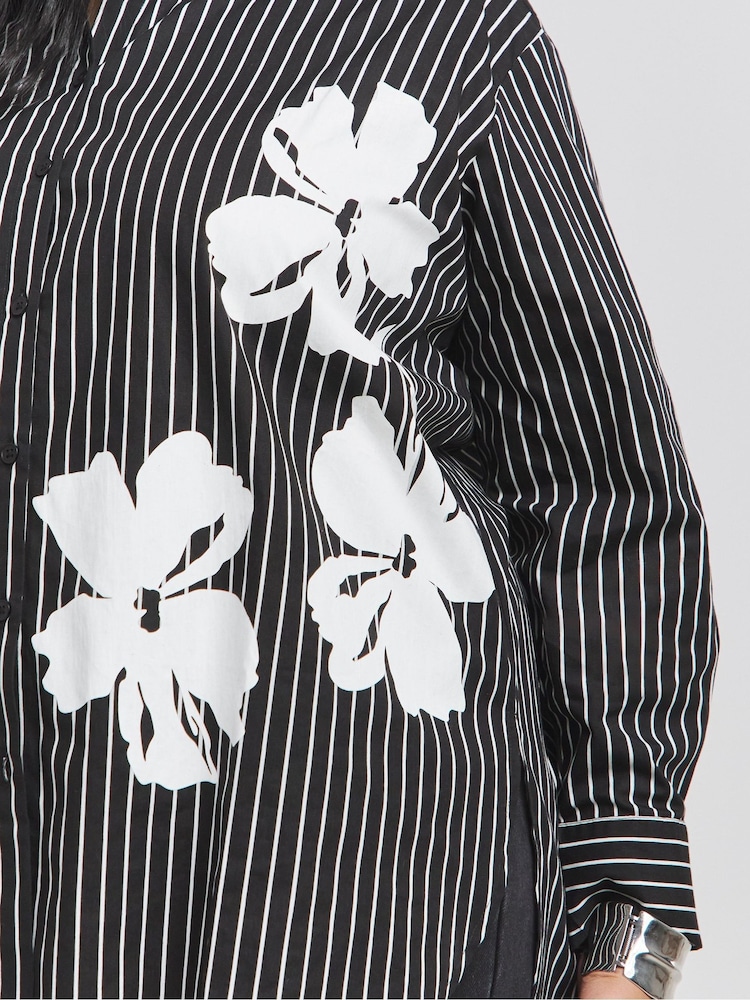 Simply Be Black Placement Print Oversized Stripe 100% Cotton Shirt - Image 3 of 4