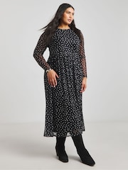 Simply Be Black Spot Print Mesh Midi Dress - Image 1 of 4