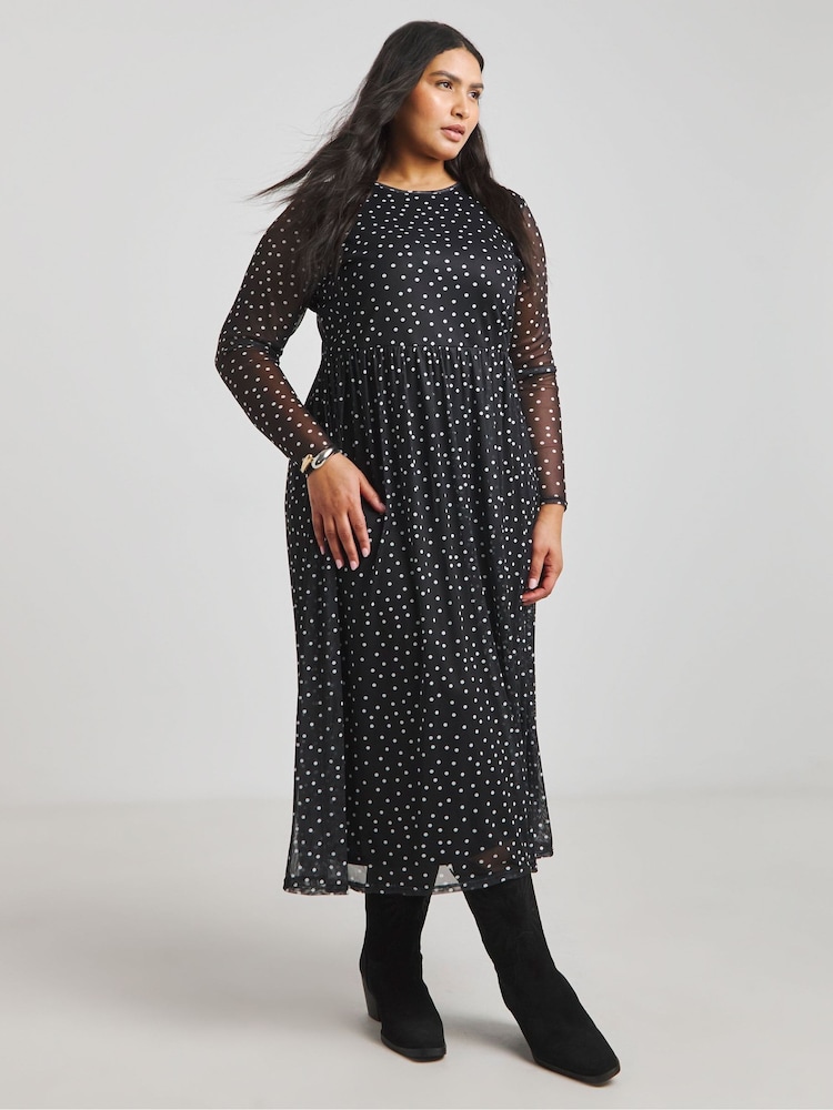 Simply Be Black Spot Print Mesh Midi Dress - Image 1 of 4