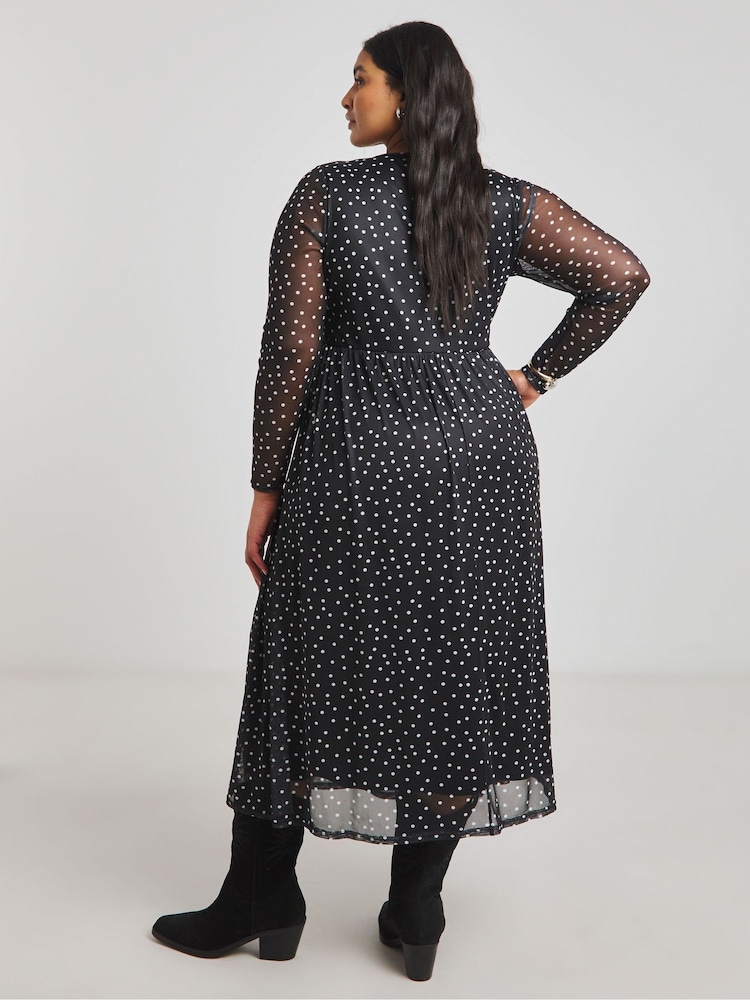 Simply Be Black Spot Print Mesh Midi Dress - Image 2 of 4