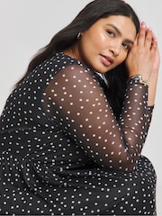 Simply Be Black Spot Print Mesh Midi Dress - Image 3 of 4