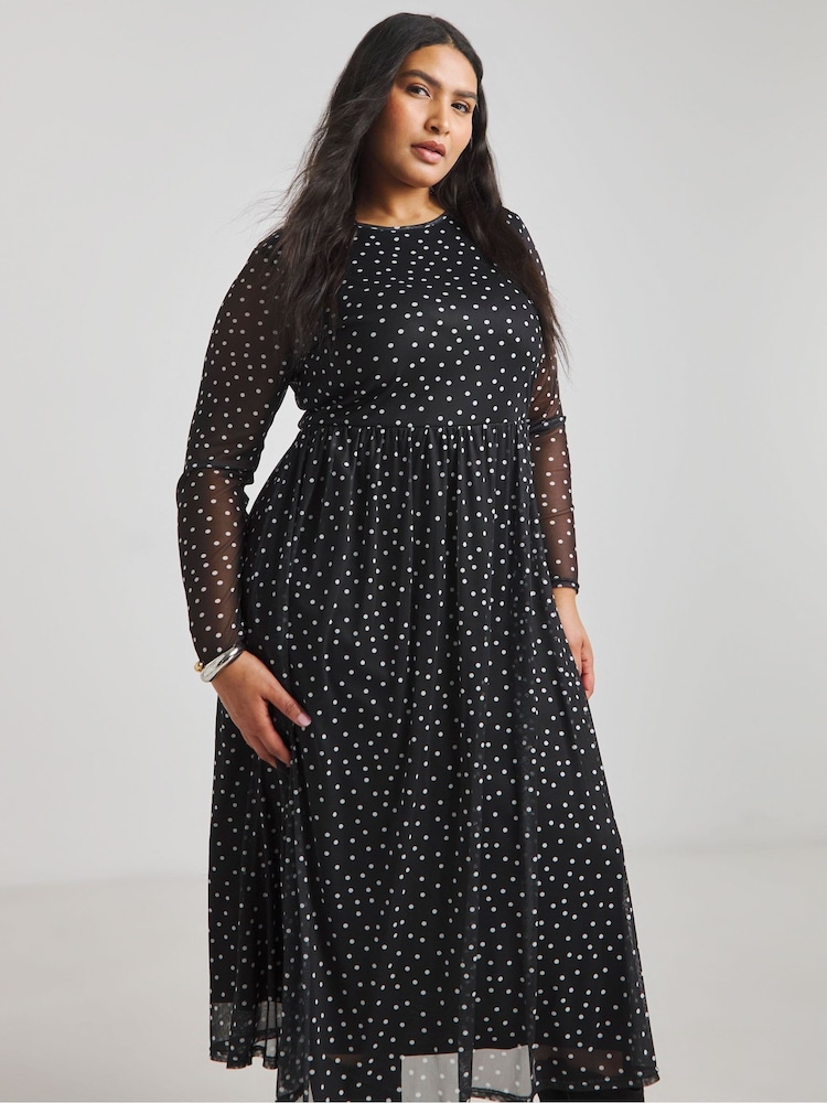 Simply Be Black Spot Print Mesh Midi Dress - Image 4 of 4