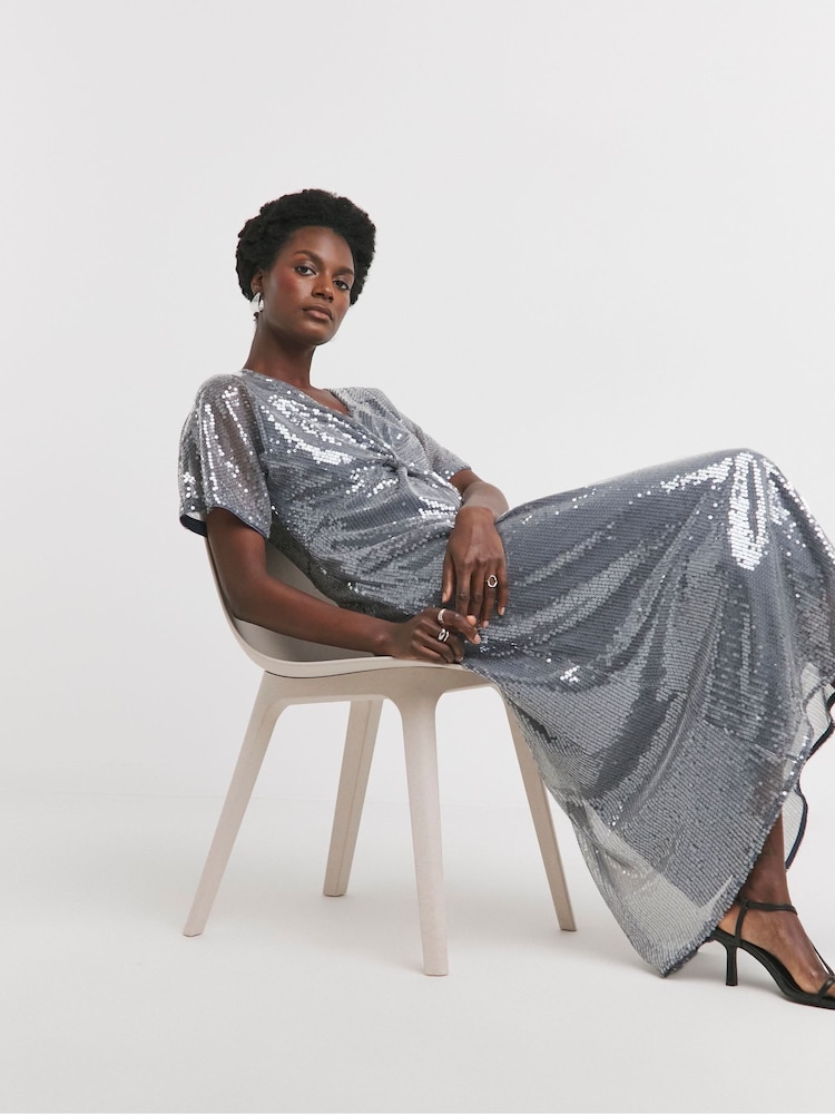 JD Williams Grey Sequin Keyhole Maxi Dress - Image 2 of 4