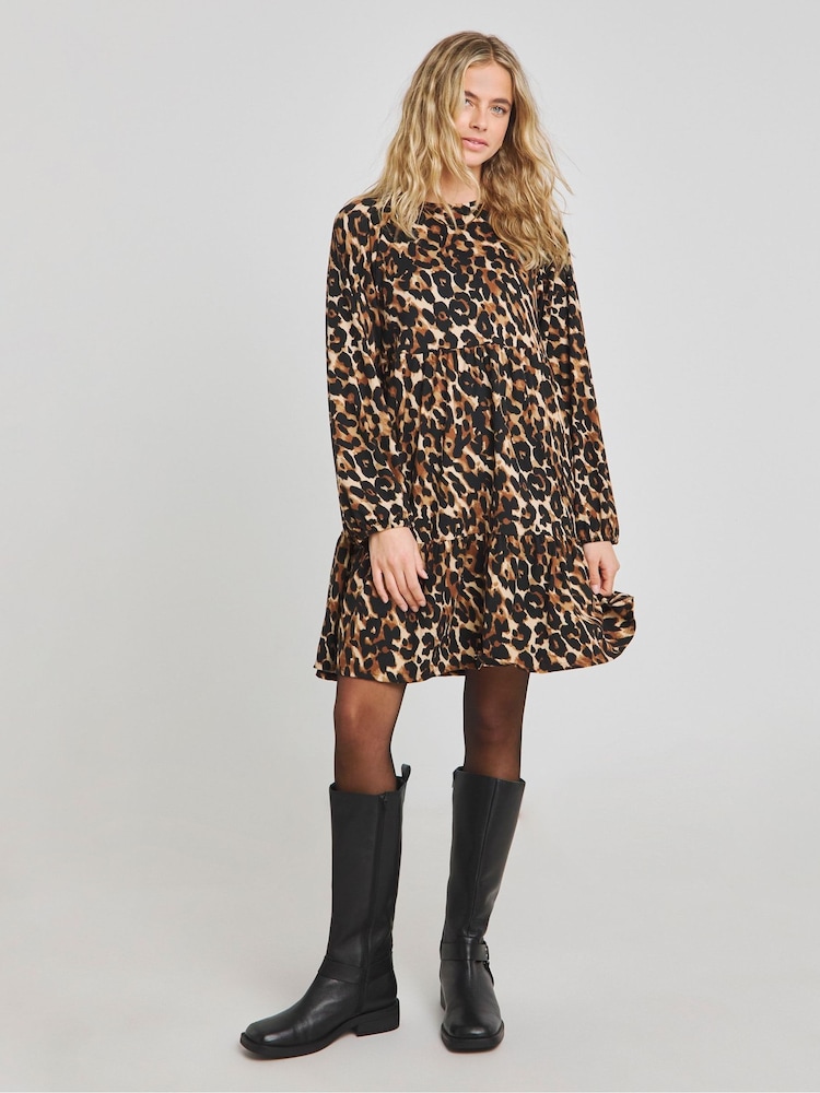 Simply Be Brown Leopard Print Supersoft Tiered Smock Dress - Image 1 of 4