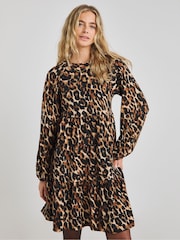 Simply Be Brown Leopard Print Supersoft Tiered Smock Dress - Image 4 of 4