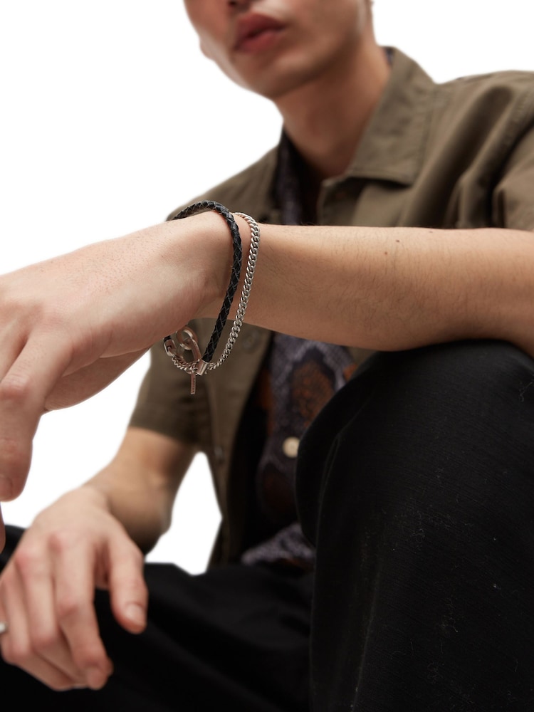 AllSaints Silver Tone Mens Leather Mixed Bracelet - Image 5 of 5