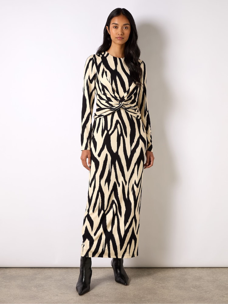 Ro&Zo Black Mono Abstract Print Jersey Twist Detail Dress - Image 1 of 4