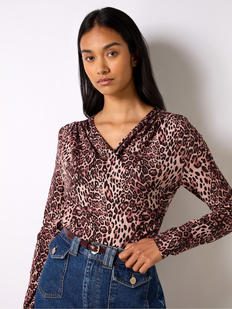 Ro&Zo Leopard Print Jersey Drape Front Top - Imagen 1 de 4