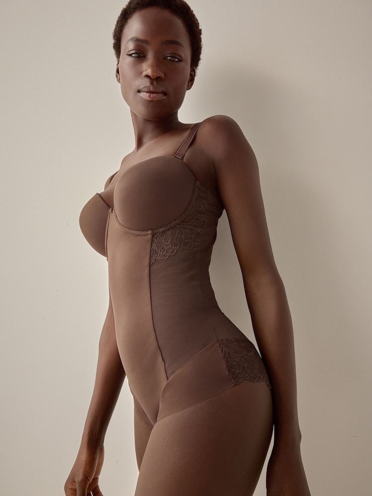 Chocolate Nude DD+ Firm Tummy Control Lightly Padded Lace Body - Image 1 of 6
