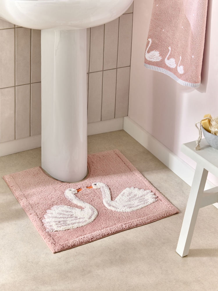 Pink Swan Print 100% Cotton Pedestal Mat - Image 1 of 3 Pink Swan Print 100% Cotton Pedestal Mat - Image 1 of 3