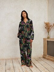 Chelsea Peers Black 100% Organic Cotton Wild Nights Print Long Pyjamas Set - Image 1 of 5