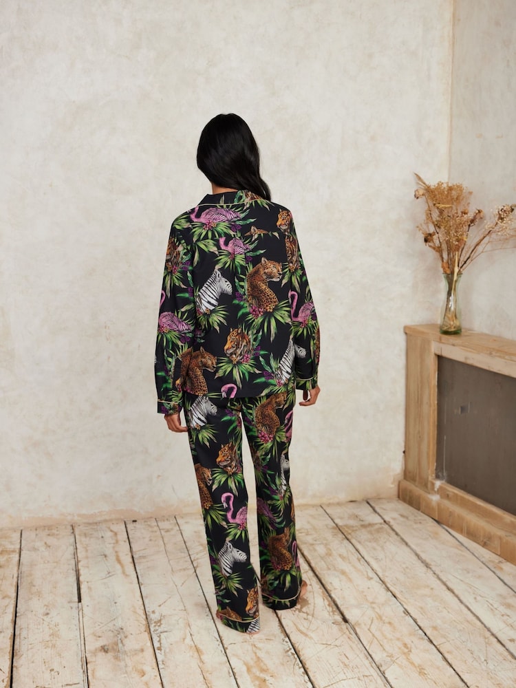 Chelsea Peers Black 100% Organic Cotton Wild Nights Print Long Pyjamas Set - Image 2 of 5