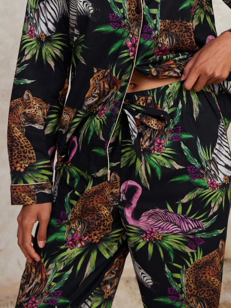 Chelsea Peers Black 100% Organic Cotton Wild Nights Print Long Pyjamas Set - Image 5 of 5 Chelsea Peers Black 100% Organic Cotton Wild Nights Print Long Pyjamas Set - Image 5 of 5
