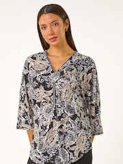 Roman Natural Abstract Print Zip Top - Image 1 of 5