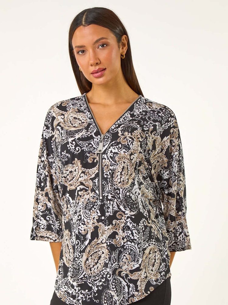 Roman Natural Abstract Print Zip Top - Image 1 of 5