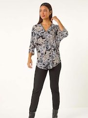 Roman Natural Abstract Print Zip Top - Image 3 of 5
