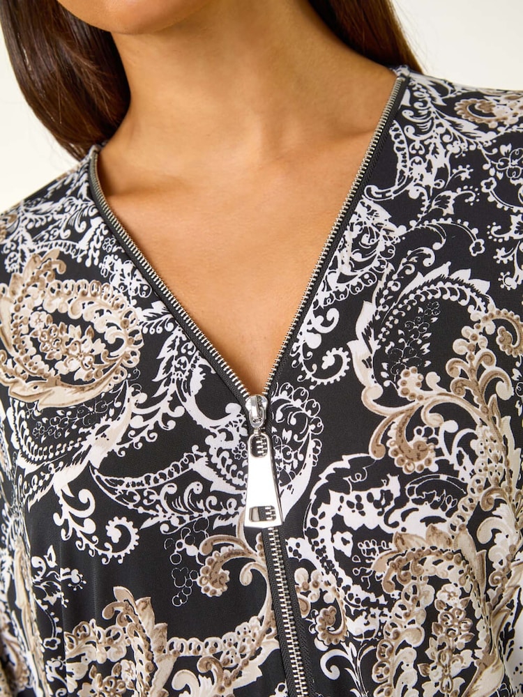 Roman Natural Abstract Print Zip Top - Image 5 of 5