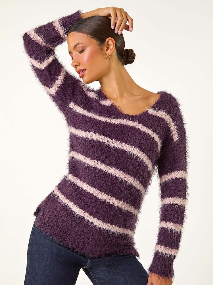 Roman Purple Stripe Fluffy Knit Jumper - Image 1 of 5