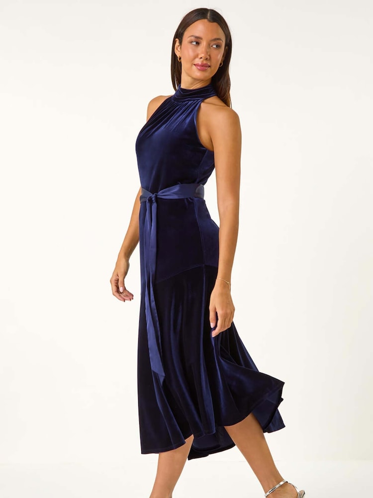 Roman Blue Velvet Halter Neck Ruffle Hem Midi Dress - Image 1 of 5