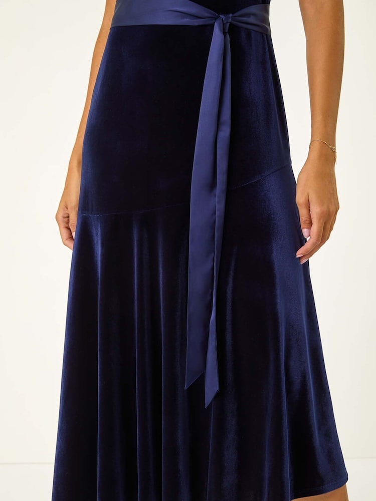 Roman Blue Velvet Halter Neck Ruffle Hem Midi Dress - Image 2 of 5