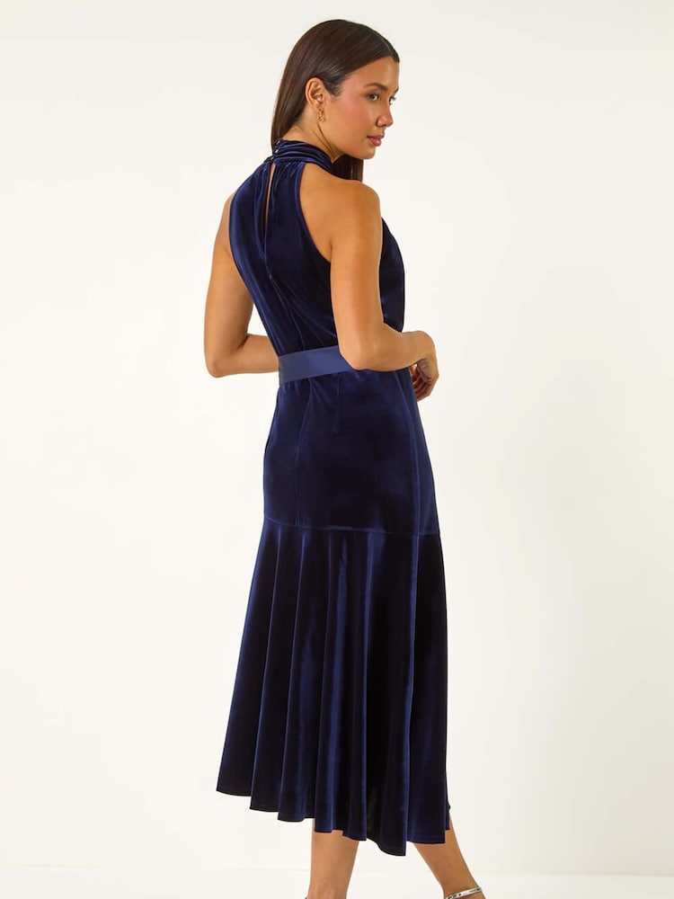 Roman Blue Velvet Halter Neck Ruffle Hem Midi Dress - Image 4 of 5