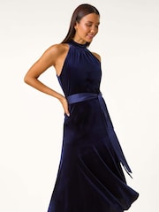 Roman Blue Velvet Halter Neck Ruffle Hem Midi Dress - Image 5 of 5