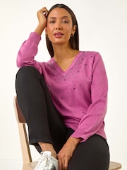 Roman Purple V-Neck Sparkle Hotfix Knit Jumper - Image 1 of 5