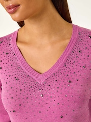 Roman Purple V-Neck Sparkle Hotfix Knit Jumper - Image 2 of 5