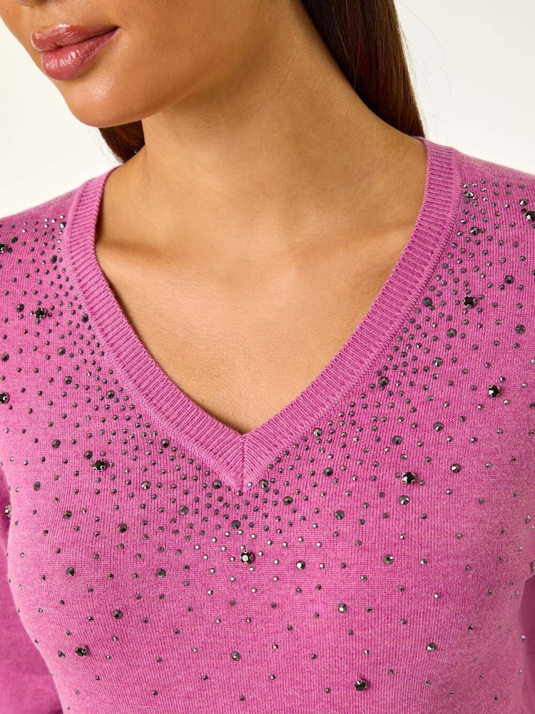 Roman Purple V-Neck Sparkle Hotfix Knit Jumper - Image 2 of 5