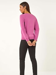 Roman Purple V-Neck Sparkle Hotfix Knit Jumper - Image 4 of 5
