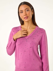 Roman Purple V-Neck Sparkle Hotfix Knit Jumper - Image 5 of 5