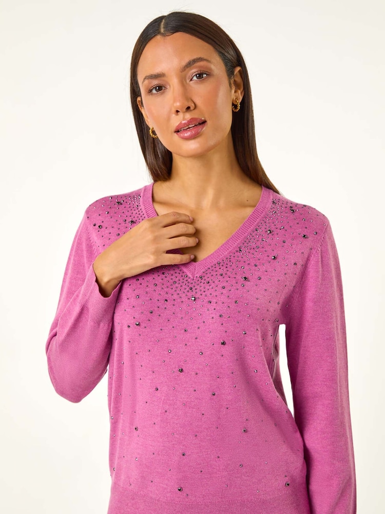 Roman Purple V-Neck Sparkle Hotfix Knit Jumper - Image 5 of 5 Roman Purple V-Neck Sparkle Hotfix Knit Jumper - Image 5 of 5